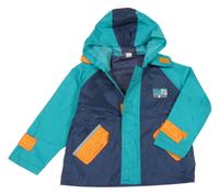 Tmavomodro-zeleno-oranžová šusťáková podzimní bunda s kapucí 
