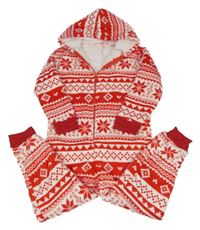Bílo-červená vzorovaná chlupatá kombinéza s kapucí 