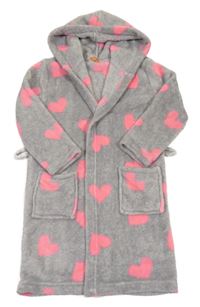 Šedý melírovaný plyšový župan s růžovými srdíčky a kapucí HEMA
